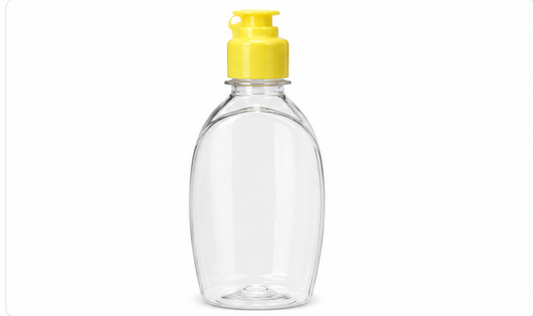 250ml Transparent Flat Round Handwash & Dishwash Bottle with Yellow Flip-Top Cap